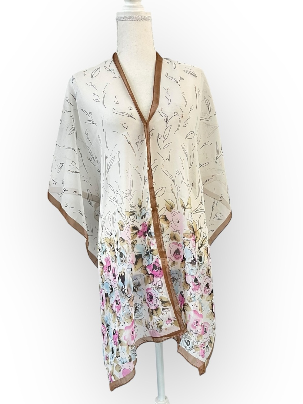Tan Pink and Blue Cream Cottagecore Floral Convertible Scarf Wrap Kimono NWT